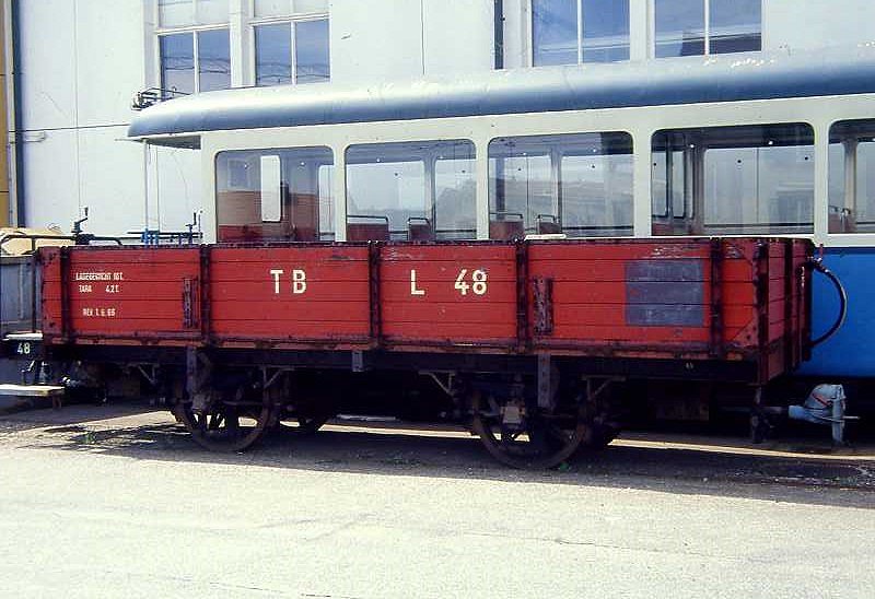 AB/TB - Ek 48 am 25.4.1993 in Speicher - Niederbordwagen 2-achsig mit 1 offenen Plattform - SWS/TB - Baujahr 1906 - Gewicht 4,20t - Ladegewicht 10,00t - LP 6,74m - zulssige Geschwindigkeit 50 km/h - =1.6.1966 - 08/1996 Abbruch
