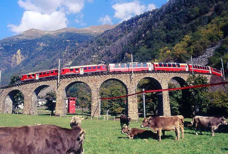 RhB - Bernina- Express 951 von Chur nach Tirano am 10.10.2008 auf Kreisviadukt Brusio mit Triebwagen ABe 4/4 II 45 + ABe 4/4 II 48 - Api - Ap - Bp - Bp - Bp - Bp
