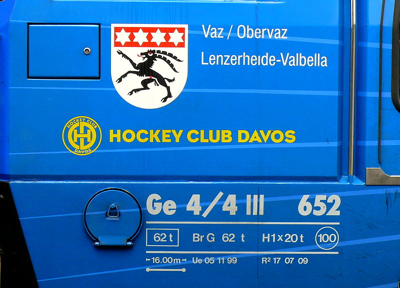 RhB - Ge 4/4 III 652  VAZ/OBERVAZ LENZERHEIDE-VALBELLA  am 19.07.2013 in St.Moritz - Drehstrom-Universallokomotive - Anschriftenfeld
