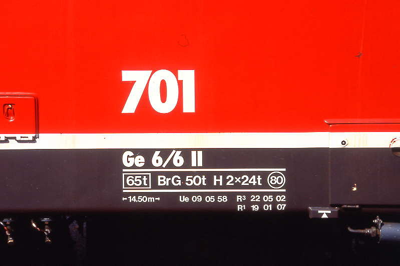 RhB - Ge 6/6 II 701  RAETIA  am 22.08.2008 in Zernez - Universallokomotive - Anschriftenfeld
