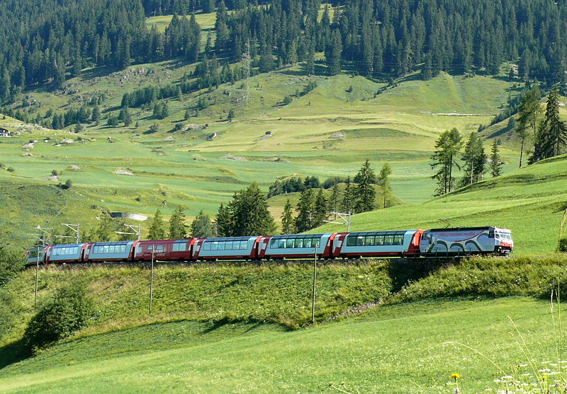 RhB - Glacier-Express 905/907 von St.Moritz nach Zermatt am 28.07.2010 auf mittlerer Ebene oberhalb Bergn mit E-Lok Ge 4/4 III 650
