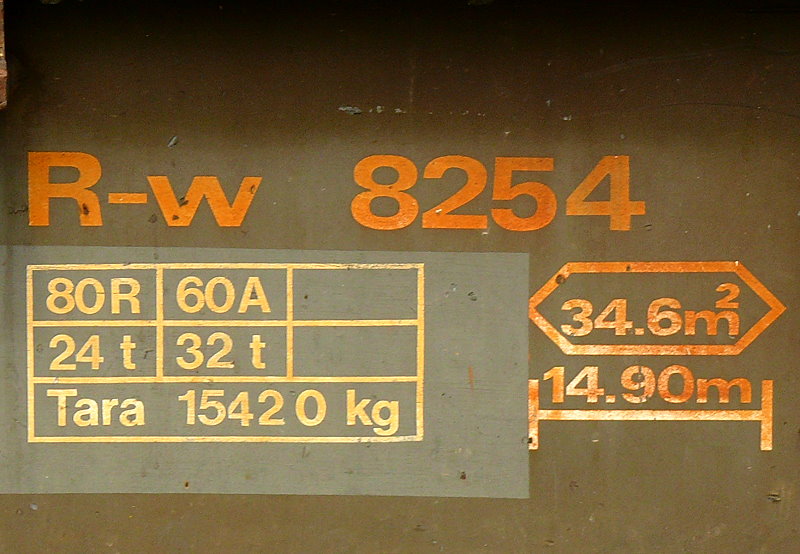 RhB - R-w 8254 am 18.07.2013 in Surava - Niederbordwagen mit Rungen 4-achsig mit 1 offenen Plattform - Anschriftenfeld
