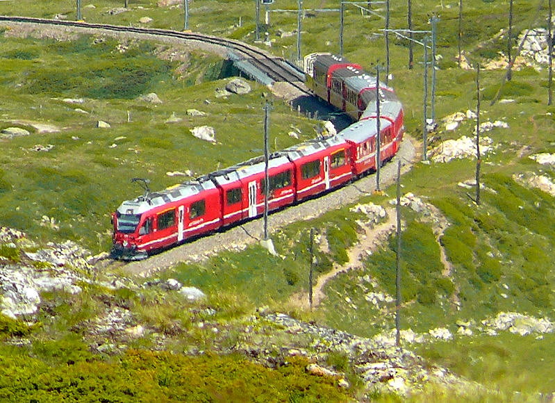 RhB - Regionalzug 1625 von St.Moritz nach Tirano am 14.07.2013 oberhalb Unterer Berninabachrcke mit Zweisystem-Triebwagen ABe 8/12 3502 (ABe 4/4 35.002 - Bi 35.602 - ABe 4/4 35.102) - WS 3921 - B 541.02 - B 2456 - B 521.08 - AB 1542 - BD 2475 - B 2098
