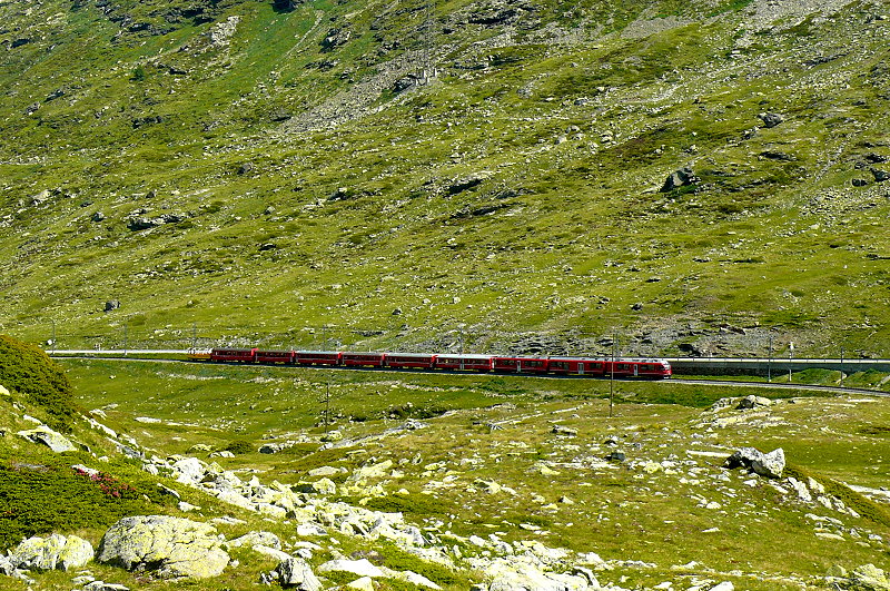 RhB - Regionalzug 1625 von St.Moritz nach Tirano am 14.07.2013 auf Alp Arlas in 70-Promille-Steigung oberhalb Oberer Berninabachrcke mit Zweisystem-Triebwagen ABe 8/12 3502 (ABe 4/4 35.002 - Bi 35.602 - ABe 4/4 35.102) - WS 3921 - B 541.02 - B 2456 - B 521.08 - AB 1542 - BD 2475 - B 2098
