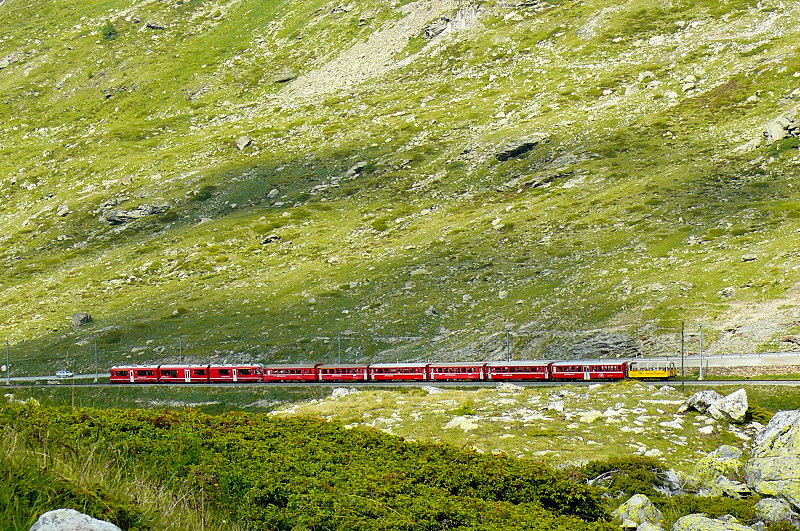 RhB - Regionalzug 1656 von Tirano nach St.Moritz am 14.07.2013 bei Alp Arlas mit Zweisystem-Triebwagen ABe 8/12 3501 (ABe 4/4 351.01 - Bi 356.01 - ABe 4/4 350.01) - BD 2475 - AB 1542 - B 541.08 - B 2456 - B 541.02 - WS 3921 - B 20987
