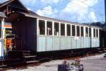 BC Museumsbahn - ex MOB C4 45 am 13.07.1996 in Montbovon - 3.Klasse Personenwagen 4-achsig mit 2 offenen Plattformen - Baujahr 1902 - SIG - Gewicht 9,80t - 48 Sitzplätze - LüP 11,30m -