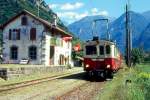 FM_SEFT Museumszug 5 von Cama nach Castione-Arbedo am 02.09.1995 in S.Vittore mit AB-Triebwagen ABe 4/4 42 - RhB-Triebwagen BDe 4/4 491. Hinweis: Blick auf Bahnhof
