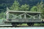 RhB - Xk 8616 II am 15.08.1992 in Trun - Niederbord-Dienstwagen 2-achsig mit 1 offenen Plattform, Tunnelrstwagen - Baujahr 1896 - SIG - Gewicht 4,80t - Zuladung 10,00t - LP 7,45m - zulssige