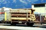RhB - Kk 7364 am 02.09.1997 in Thusis- Kipfenwagen fr Holztransporte 2-achsig mit 1 offenen Plattform - Baujahr 1913 - RAST/RhB - Gewicht 5,54t - Zuladung 12,50t - LP 7,79m - zulssige