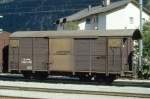 RhB - Gb 5005 am 31.08.1993 in Samedan - Gedeckter Gterwagen 2-achsig mit 1 offenen Plattform - Baujahr 1963 - JMR - Gewicht 7,61t - Ladegewicht 15,00t - LP 9,14m - zulssige Geschwindigkeit