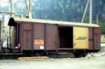 RhB - Gb 5032 am 09.05.1991 in Thusis - Gedeckter Gterwagen 2-achsig mit 1 offenen Plattform - Baujahr 1963 - JMR - Gewicht 7,67t - Ladegewicht 15,00t - LP 9,14m - zulssige Geschwindigkeit 65 km/h