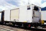RhB - Lb-v 7851 am 08.06.1997 in Landquart Ried - Container-Transportwagen 2-achsig mit 1 offenen Plattform beladen mit Khl-Container - Baujahr 1911 - SIG - Gewicht 5,33t - Zuladung 17,00t - LP