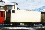 RhB - Lb-v 7852 am 01.03.1997 in Samedan - Container-Transportwagen 2-achsig mit 1 offenen Plattform beladen mit Khl-Container - Baujahr 1911 - SIG - Gewicht 5,26 - Zuladung 17,00t - LP 8,54m -