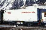 RhB - Lb-v 7859 am 10.03.1998 in Samedan - Container-Tragwagen mit RhB-Container Y11531 2-achsig mit 1 offenen Plattform - Baujahr 1983 bernahme 12.12.1997 - JMR - Gewicht 5,86t - LP 9,14 - Zuladung 14,00/17,00t - zulssige Geschwindigkeit 14t/80 17t/60 km/h - 3=12.12.1997 - Lebenslauf: ex Gb 5074 - 07/1997 ausr - 12.12.1997 Lb-v 7859 - 11.07.2006 Lb 7859

