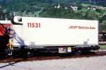 RhB - Lb-v 7859 am 10.03.1998 in Landquart - Container-Tragwagen mit RhB-Container Y11531 2-achsig mit 1 offenen Plattform - Baujahr 1983 bernahme 12.12.1997 - JMR - Gewicht 5,86t - LP 9,14 - Zuladung 14,00/17,00t - zulssige Geschwindigkeit 14t/80 17t/60 km/h - 3=12.12.1997 - Lebenslauf: ex Gb 5074 - 07/1997 ausr - 12.12.1997 Lb-v 7859 - 11.07.2006 Lb 7859
