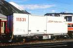 Guterwagen/341822/rhb---lb-v-7859-am-08101999 RhB - Lb-v 7859 am 08.10.1999 in Samedan - Container-Tragwagen mit RhB-Container Y11531 2-achsig mit 1 offenen Plattform - Baujahr 1983 bernahme 12.12.1997 - JMR - Gewicht 5,86t - LP 9,14 - Zuladung 14,00/17,00t - zulssige Geschwindigkeit 14t/80 17t/60 km/h - 3=12.12.1997 - Lebenslauf: ex Gb 5074 - 07/1997 ausr - 12.12.1997 Lb-v 7859 - 11.07.2006 Lb 7859
