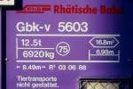 Guterwagen/362660/rhb---gbk-v-5603-am-02081995 RhB - Gbk-v 5603 am 02.08.1995 in Bergn - Gedeckter Gterwagen 2-achsig mit 1 offenen Plattform - Anschriftenblock
