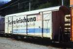 RhB - Gbk-v 5608 am 01.09.1995 in Poschiavo - Gedeckter Gterwagen 2-achsig mit 1 offenen Plattform - Baujahr 1913 - Reichsh/Gestle - Gewicht 7,65t - Zuladung 12,50t - LP 8,49m - zulssige