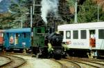 Lokomotiven/387538/rhb---g-34-1-am RhB - G 3/4 1 am 08.06.1997 in Chur - Dampflok RHTIA - Baujahr 1889 - SLM 577 - Gewicht 29,00t - 184 KW - LP 7,90m - zulssige Geschwindigkeit 45 km/h - =15.11.1995 - Mutation: ex LD G 3/4 1 - 1895 RhB - 1928a - 1947 reserviert VHS Luzern - 1970 BC - 1988 leihweise RhB - 1989 nach Jubilum RhB
