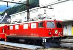 Lokomotiven/433187/rhb---ge-44-i-605 RhB - Ge 4/4 I 605 'SILVRETTA' am 01.10.1990 in Disentis - STRECKEN-LOKOMOTIVE - bernahme 12.03.1953 - SLM4080/MFO/BBC - 1184 KW - Gewicht 48,00t - LP 12,10m - zulssige Geschwindigkeit 80 km/h - 3=21.11.1988 - Logo RhB in rtoromanisch - noch mit Scherenpantografen
