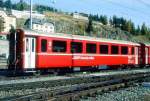 Personenwagen/307603/rhb---b-2464-am-13102008 RhB - B 2464 am 13.10.2008 in St.Moritz - 2.Klasse verkrzter Einheitspersonenwagen (Typ III) fr Bernin-Express, ursprnglich mit braunen Fensterband  - bernahme 16.06.1983 - FFA/SWP - Fahrzeuggewicht 16,00t - Sitzpltze 44 - LP 14,50m - zulssige Geschwindigkeit 90 km/h - 1=12.12.2003 2=28.04.1995 - Logo RhB in italienisch, Klassezahlen gro, hoher Anschriftenblock, dicke Betriebsnummern - Mutation: ex B 2464 - 2.7.2010 B 541.04 -Hinweis: Die Fahrzeugserie besteht aus 8 Wagen mit den Nummern 2461 bis 2468. 
