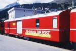 RhB - Z 13091 am 04.09.1996 in St.Moritz - Postwagen 4-achsig mit 1 offenen Plattform - bernahme: 09.12.1966 - SWS - Fahrzeuggewicht 15,50t - Zuladung 9,00t - LP 16,87m - zulssibe Geschwindigkeit =