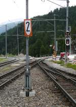 St.Moritz Anzeigetafel fr zulssige Geschwindigkeit 20 km/h am 20.07.2014 Ausfahrt Berninabahn wegen Baustelle