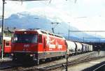 RhB Gterzug 5576 von St.Moritz nach Landquart am 05.09.1996 in Samedan mit E-Lok Ge 4/4 III 641 - Uace 7994 - Uace 8000 - Gbkv 5603 - Gbkv 5519 - Gbkv 5508 - Gbkv 5604.