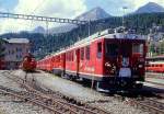 RhB - Regionalzug 1635 von St.Moritz nach Tirano am 25.08.2008 in St.Moritz mit Triebwagen ABe 4/4 II 43 - ABe 4/4 III 53 - B 2314 - B 2459 - B 2455 - B 2309 - BD 2475 - AB 1546  