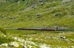 RhB - Regionalzug 1625 von St.Moritz nach Tirano am 14.07.2013 auf Alp Arlas in 70-Promille-Steigung oberhalb Oberer Berninabachrcke mit Zweisystem-Triebwagen ABe 8/12 3502 (ABe 4/4 35.002 - Bi