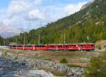 RhB - Bernina-Express 973 von St.Moritz nach Tirano am 01.10.2009 zwischen Morteratsch und Bernina Suot mit ABe 4/4 II 48 + ABe 4/4 III 52 - Ap - Ap - Bp - Bp - Bp - Bp  