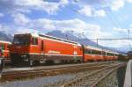 RhB Bernina-Express/Schnellzug 574 von Tirano/St.Moritz nach Chur am 20.08.1995 in Samedan mit E-Lok Ge 4/4 III 646 - A 1272 - B 2494 - B 2464 - B 2462 - B 2266 - B 2363 - A 1234 - A 1230 - B 2380 - B