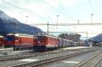 RhB Gterzug 5576 von St.Moritz nach Landquart am 30.08.1995 Ausfahrt St.Moritz mit E-Lok Ge 6/6 II 703 - Uce 8033 - Uce 8068 - Uce 8084 - Uce 8097 - Gbkv 5601 - Gb 5061 - Gbkv 5526 - Rw 8215.